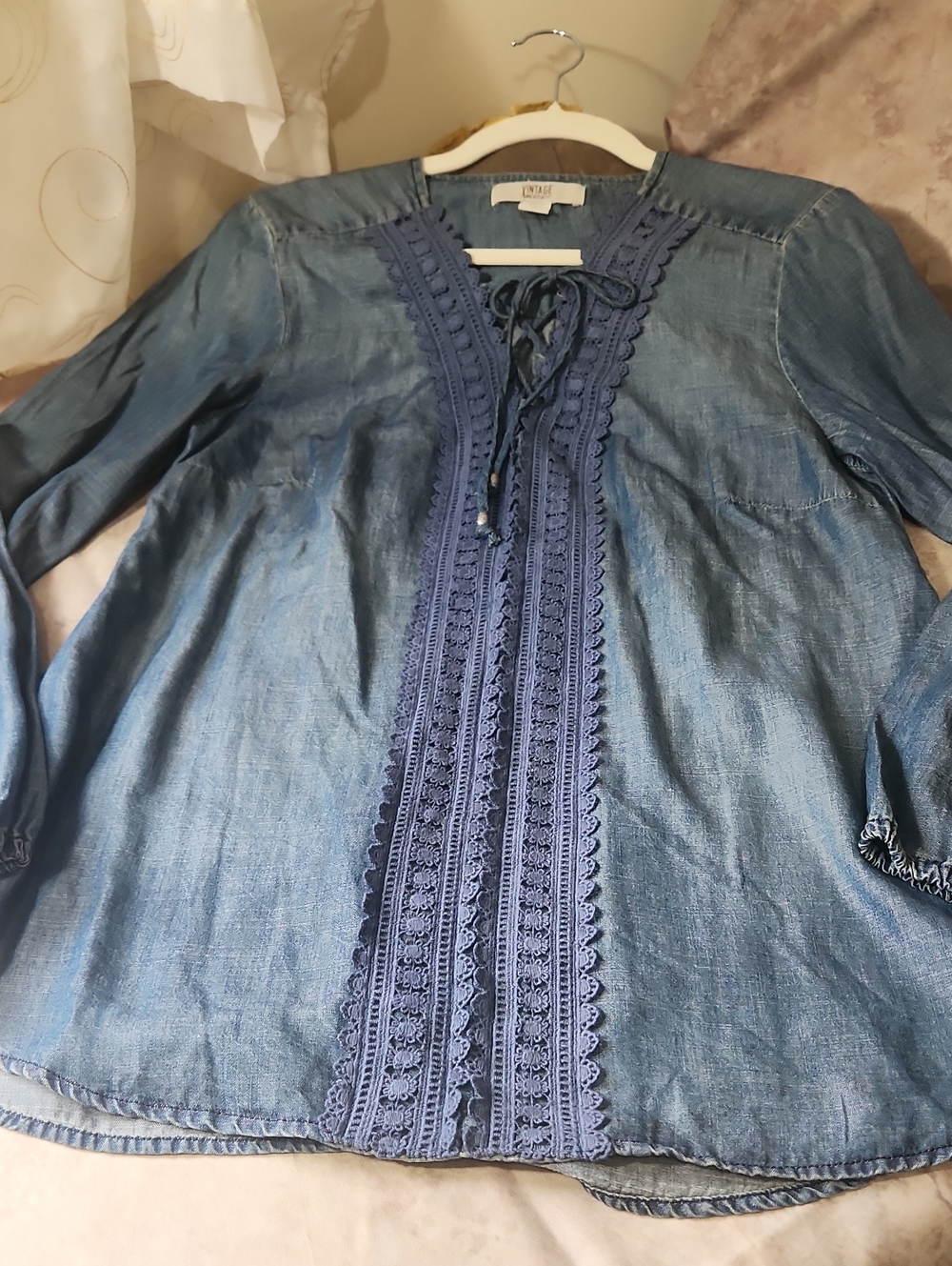 American Vintage Blue Chambray Lace-Trim Tie-Neck Tunic